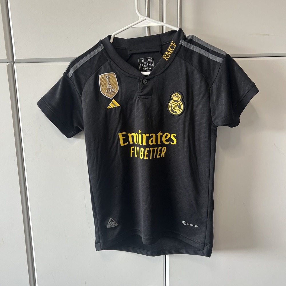 Adidas Real Madrid 2023-24 Away Jersey Black Gold Youth 26 Esparza 7 FIFA Patch